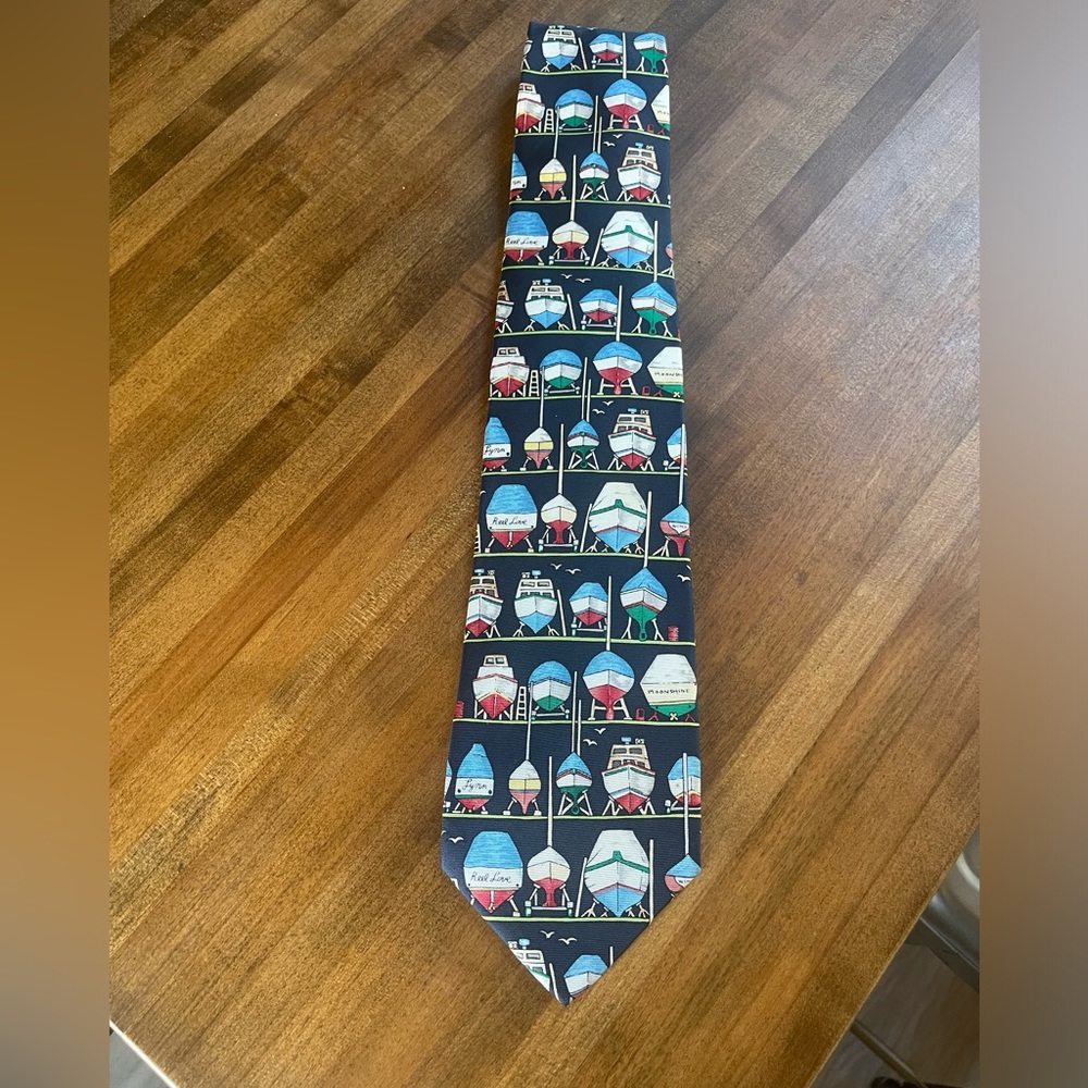 Preppy Nautical Silk tie with boats . Ships in storage.